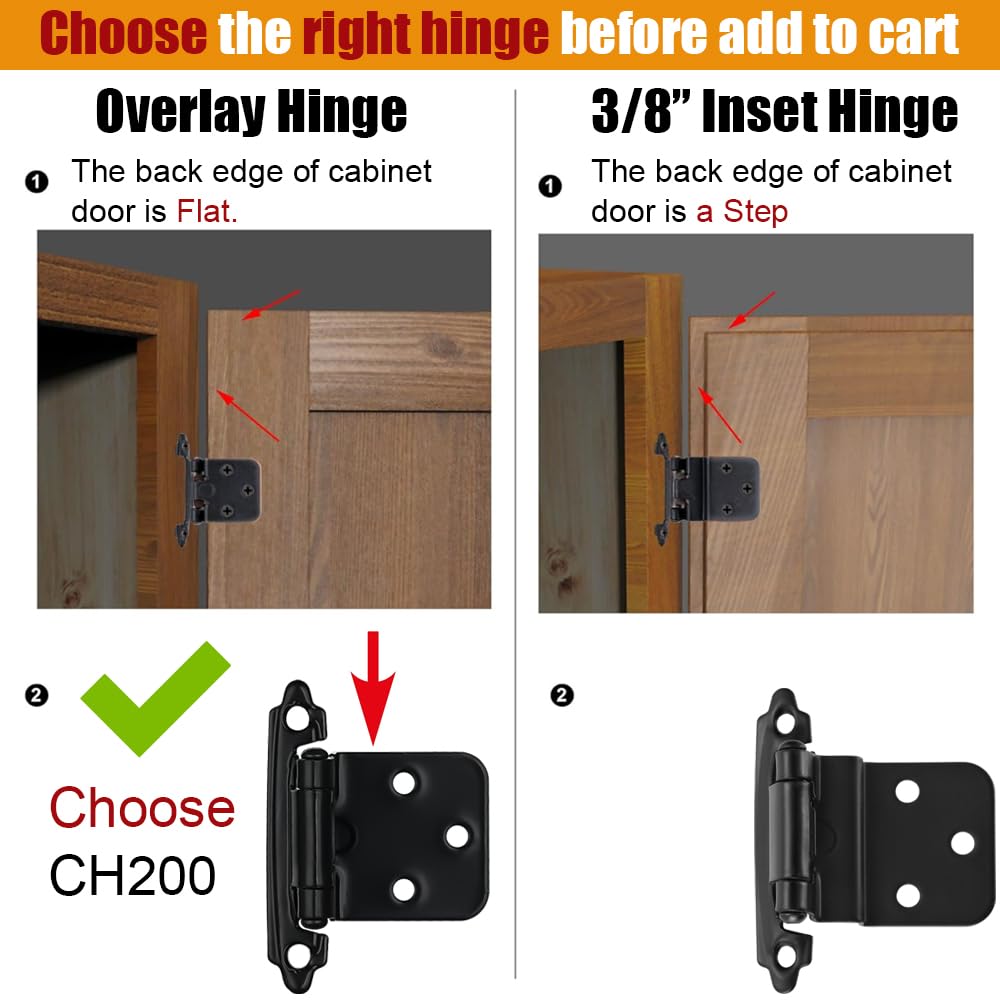 JQK 1/2 Inch Overlay Cabinet Door Hinges Black, 20 Pack 10 Pairs Flush Face Mount Cupboard Self-Closing Kitchen Cabinet Hinges with Door Bumper, CH200-BK-P20 - Image 3