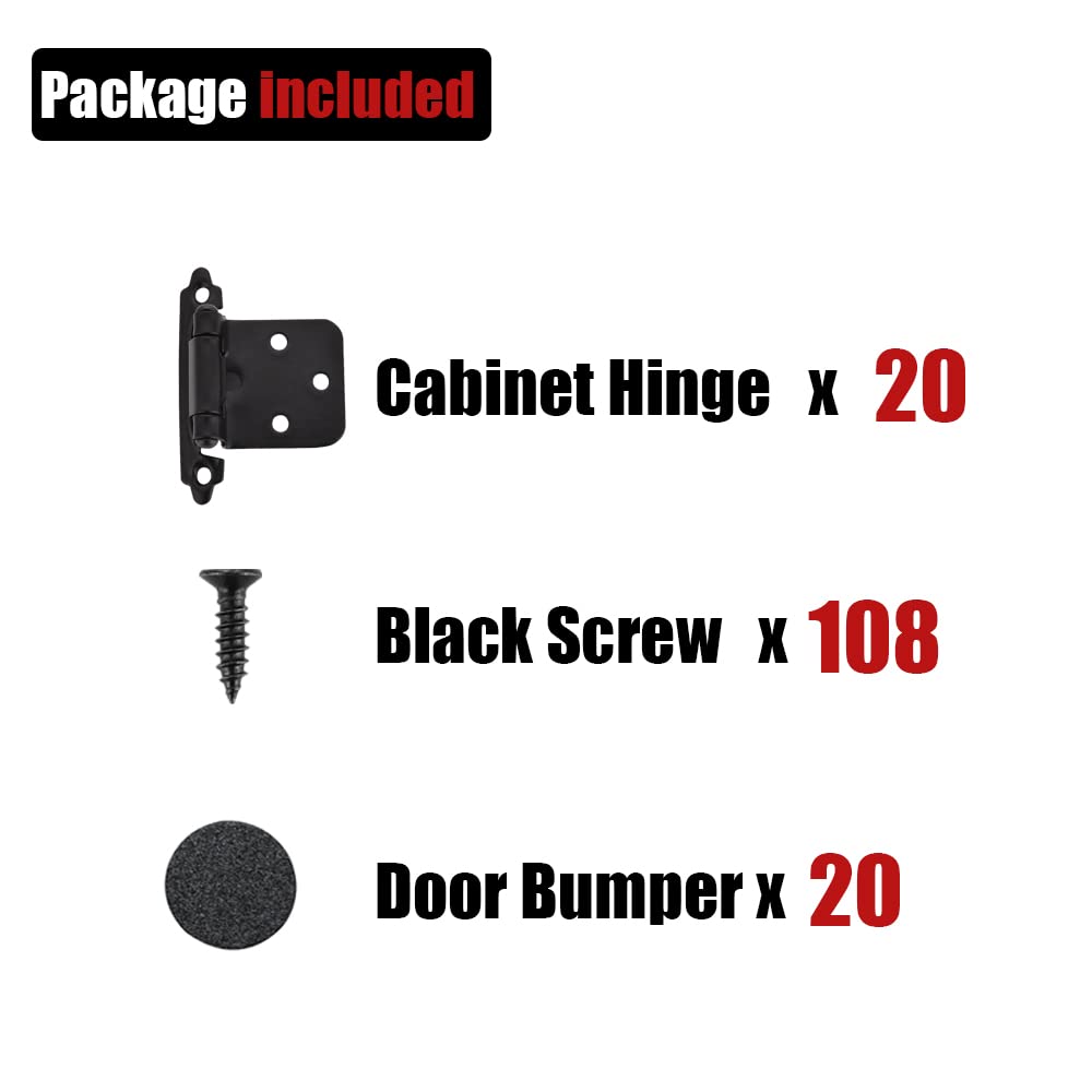 JQK 1/2 Inch Overlay Cabinet Door Hinges Black, 20 Pack 10 Pairs Flush Face Mount Cupboard Self-Closing Kitchen Cabinet Hinges with Door Bumper, CH200-BK-P20 - Image 4
