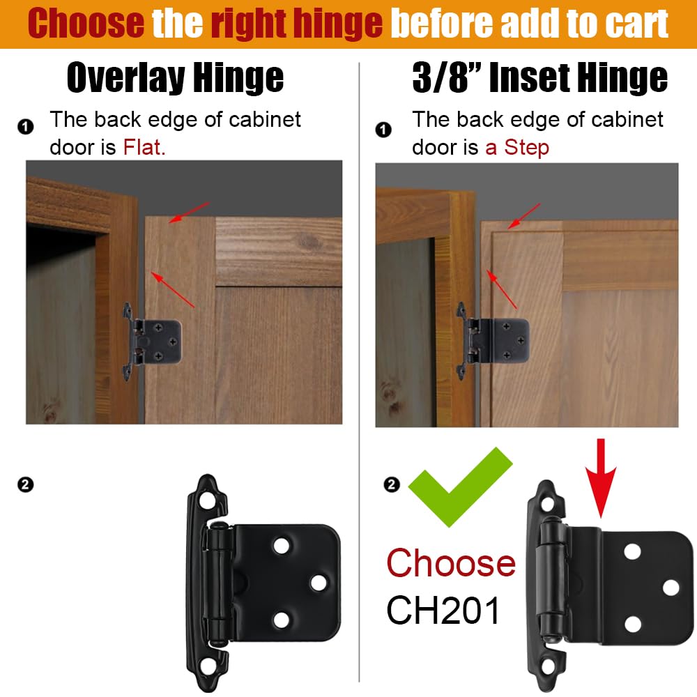 JQK 3/8 Inch Inset Cabinet Door Hinges Satin Nickel, 4 Pack 2 Pairs Flush Face Mount Cupboard Self-Closing Kitchen Cabinet Hardware Hinges with Door Bumper, CH201-SN-P20 - Image 3
