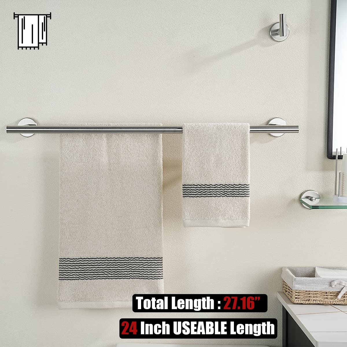 JQK Bath Hardware Towel Bar Accessory Set, 5-Piece Bathroom Accessories Fixtures Set Brushed Finished Wall Mount Includes 24" Towel Bar, 9" Hand Towel Bar, Toilet Paper Holder, Robe Hook x2, BAS105-BN - Image 3