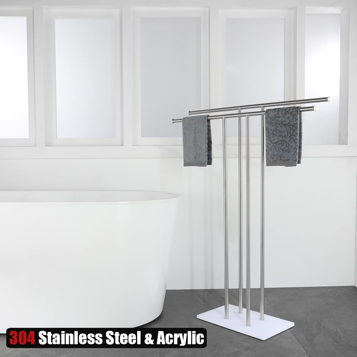 JQK Bath Towel Holder Stand Brushed, 30 Inch Free Standing Double Towel Rack Shelf for Bathroom Floor, Brushed Steel, BTH100L30-WN - Image 4