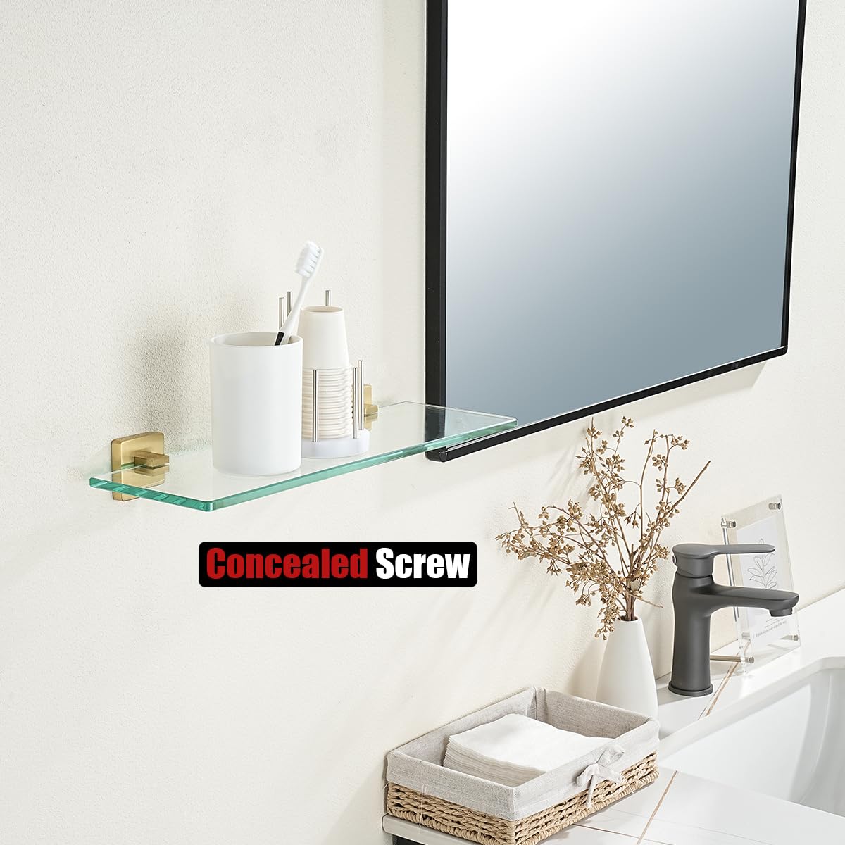 JQK Bathroom Glass Shelf, Floating Tempered Glass Shower Storage 16 by 5 inches, 304 Stainless Steel Brushed Gold Wall Mount, TGS201L16-BG - Image 5