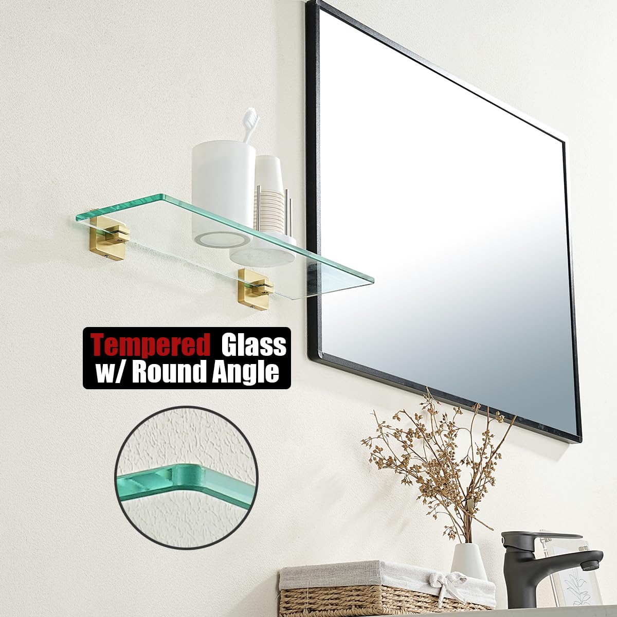 JQK Bathroom Glass Shelf, Floating Tempered Glass Shower Storage 16 by 5 inches, 304 Stainless Steel Brushed Gold Wall Mount, TGS201L16-BG - Image 6