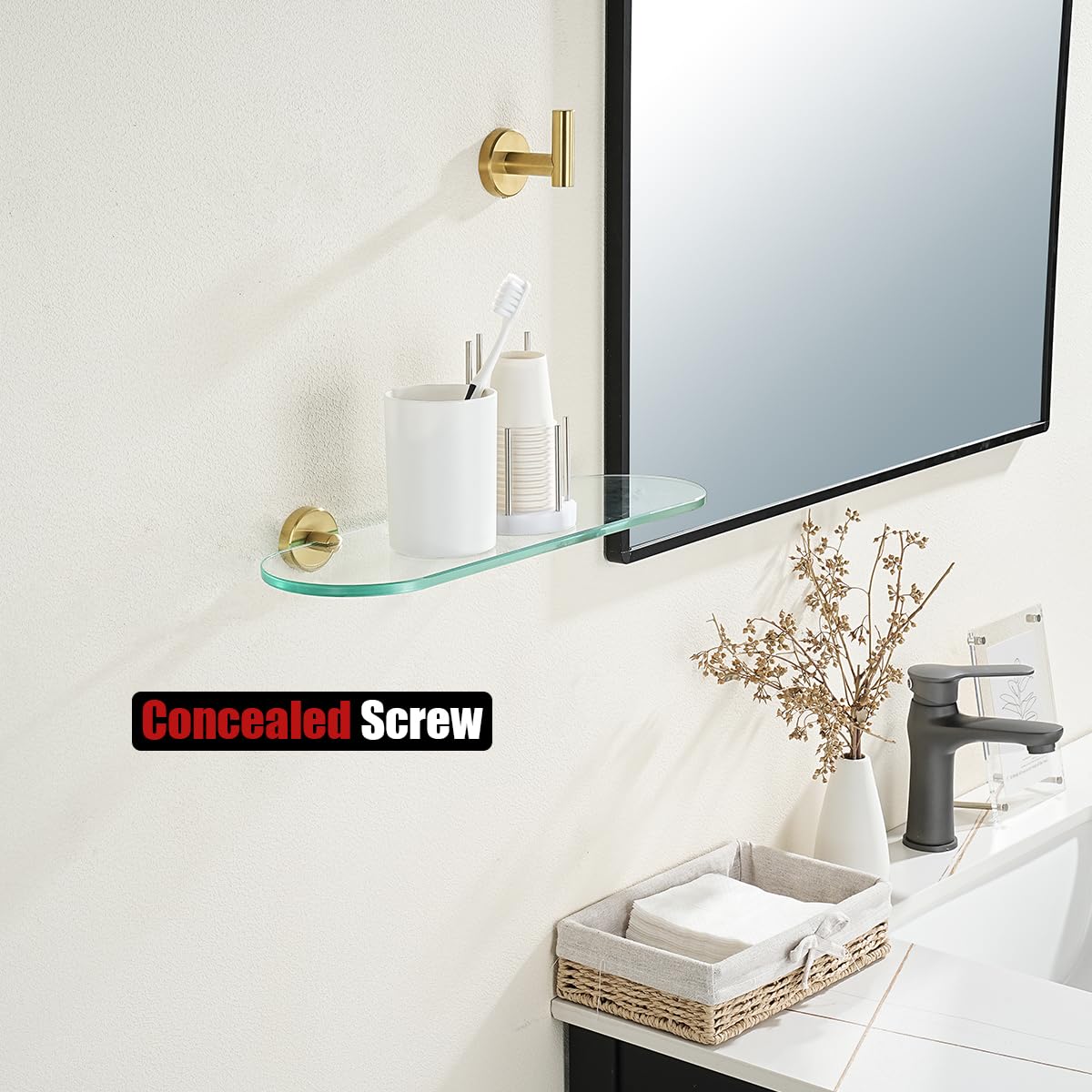 JQK Bathroom Glass Shelf Gold, Tempered Glass Shower Storage 16 by 5 inches, 304 Stainless Steel Brushed Gold Wall Mount, TGS121L16-BG - Image 5