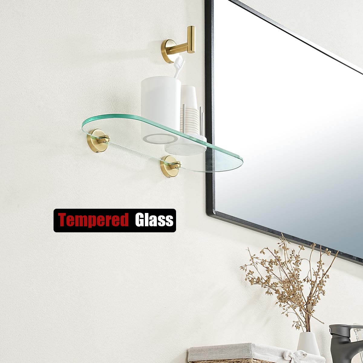 JQK Bathroom Glass Shelf Gold, Tempered Glass Shower Storage 16 by 5 inches, 304 Stainless Steel Brushed Gold Wall Mount, TGS121L16-BG - Image 6