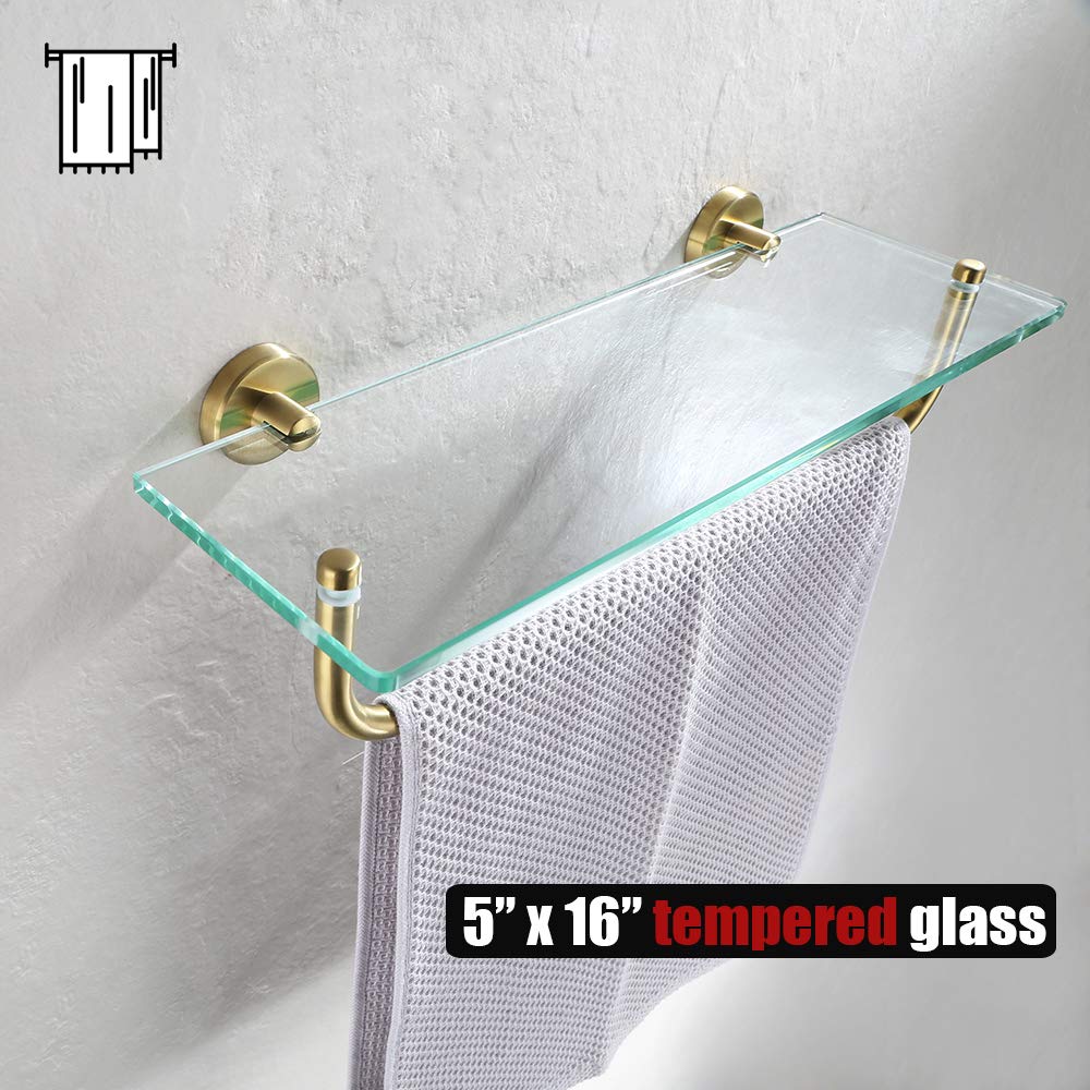 JQK Bathroom Glass Shelf, Shelf with 16 Inch Towel Bar Tempered Glass Shower Storage 16 by 5 inches, 304 Stainless Steel Brushed Gold Wall Mount, TGS100-BG - Image 4