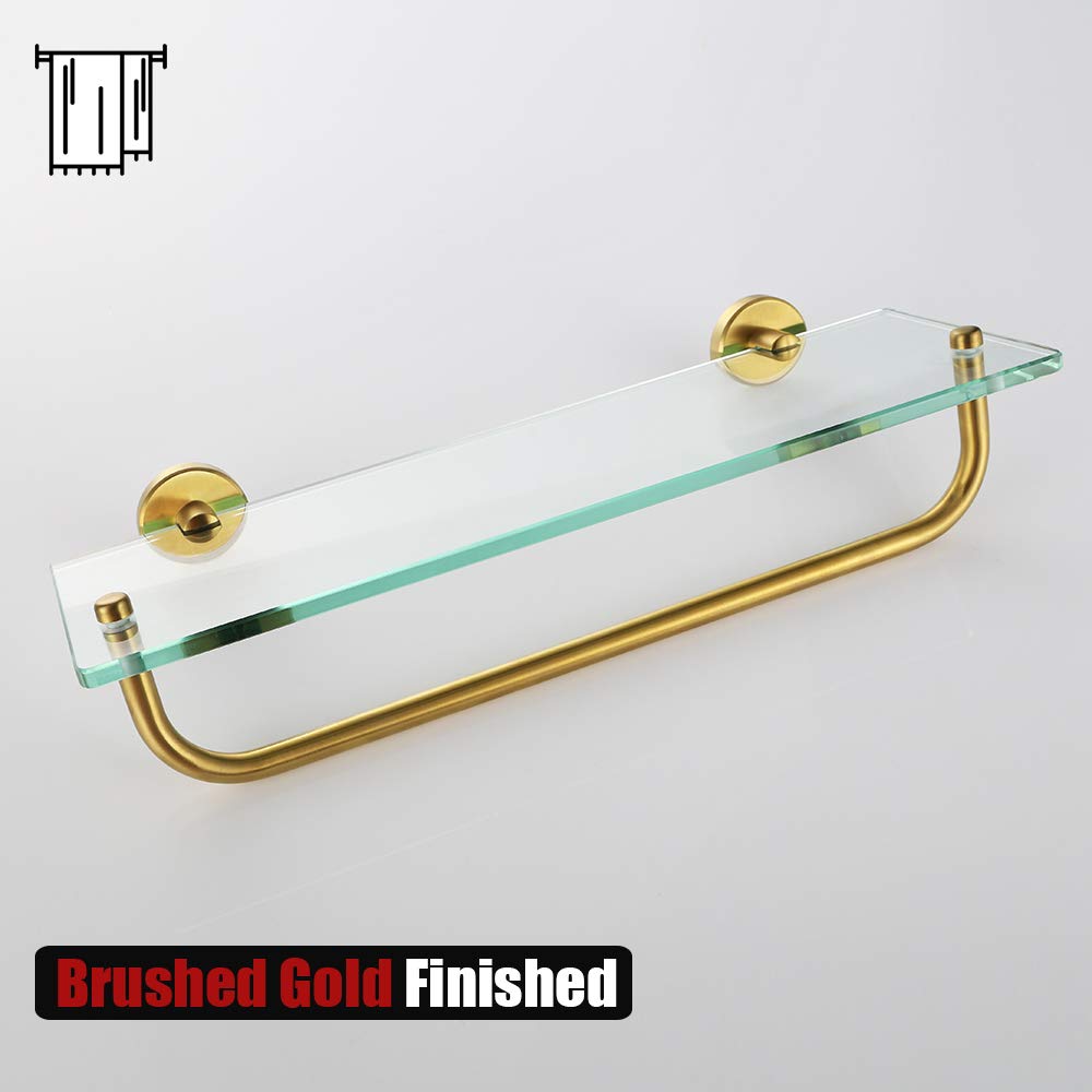 JQK Bathroom Glass Shelf, Shelf with 16 Inch Towel Bar Tempered Glass Shower Storage 16 by 5 inches, 304 Stainless Steel Brushed Gold Wall Mount, TGS100-BG - Image 5