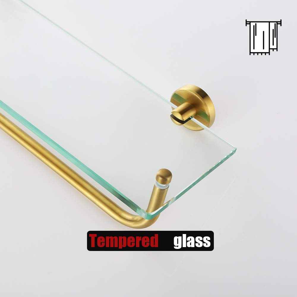 JQK Bathroom Glass Shelf, Shelf with 16 Inch Towel Bar Tempered Glass Shower Storage 16 by 5 inches, 304 Stainless Steel Brushed Gold Wall Mount, TGS100-BG - Image 6