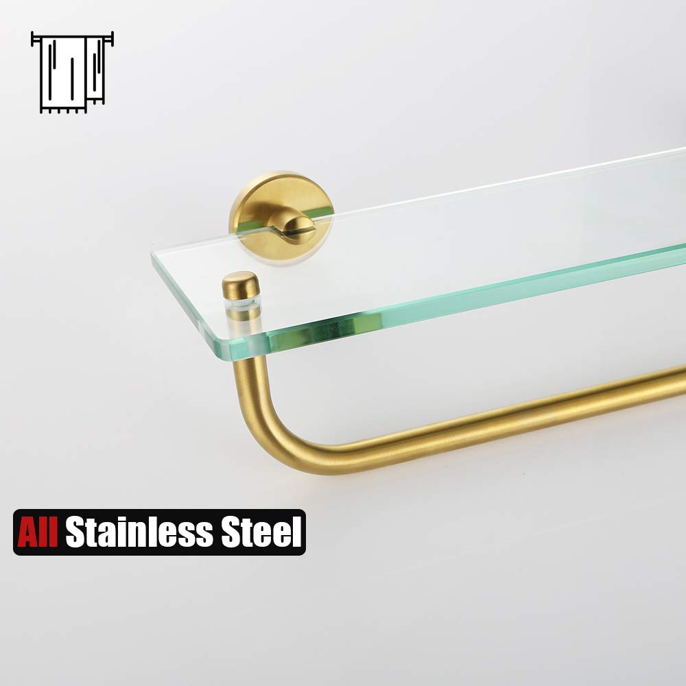 JQK Bathroom Glass Shelf, Shelf with 16 Inch Towel Bar Tempered Glass Shower Storage 16 by 5 inches, 304 Stainless Steel Brushed Gold Wall Mount, TGS100-BG - Image 7