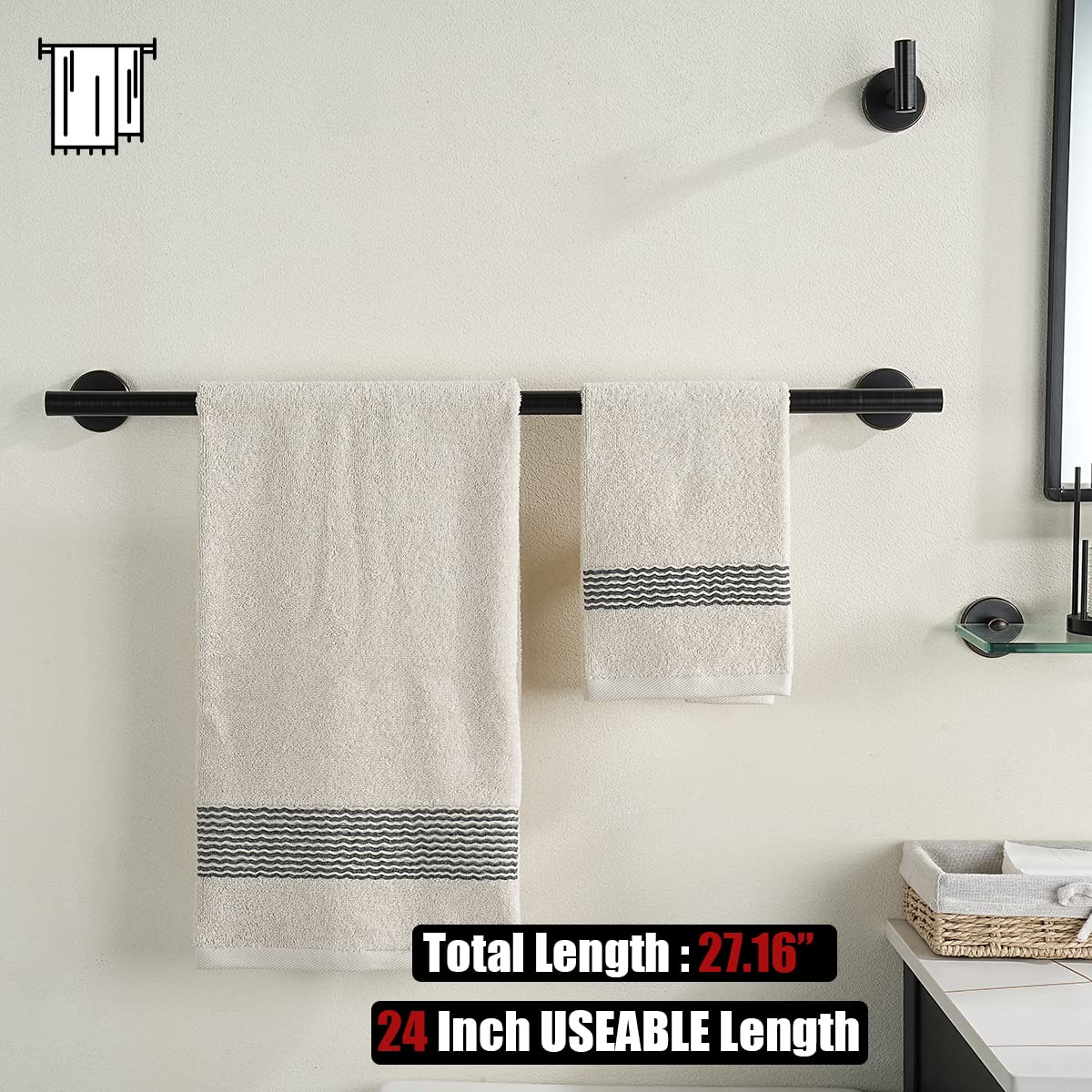 JQK Bathroom Hardware Set Oil Rubbed Bronze, 5-Piece Bath Accessories Set ORB Wall Mount includes 24 in Towel Bar, 7 in Towel Ring, Toilet Paper Holder, 2 Towel Hooks, BAS165-ORB - Image 3