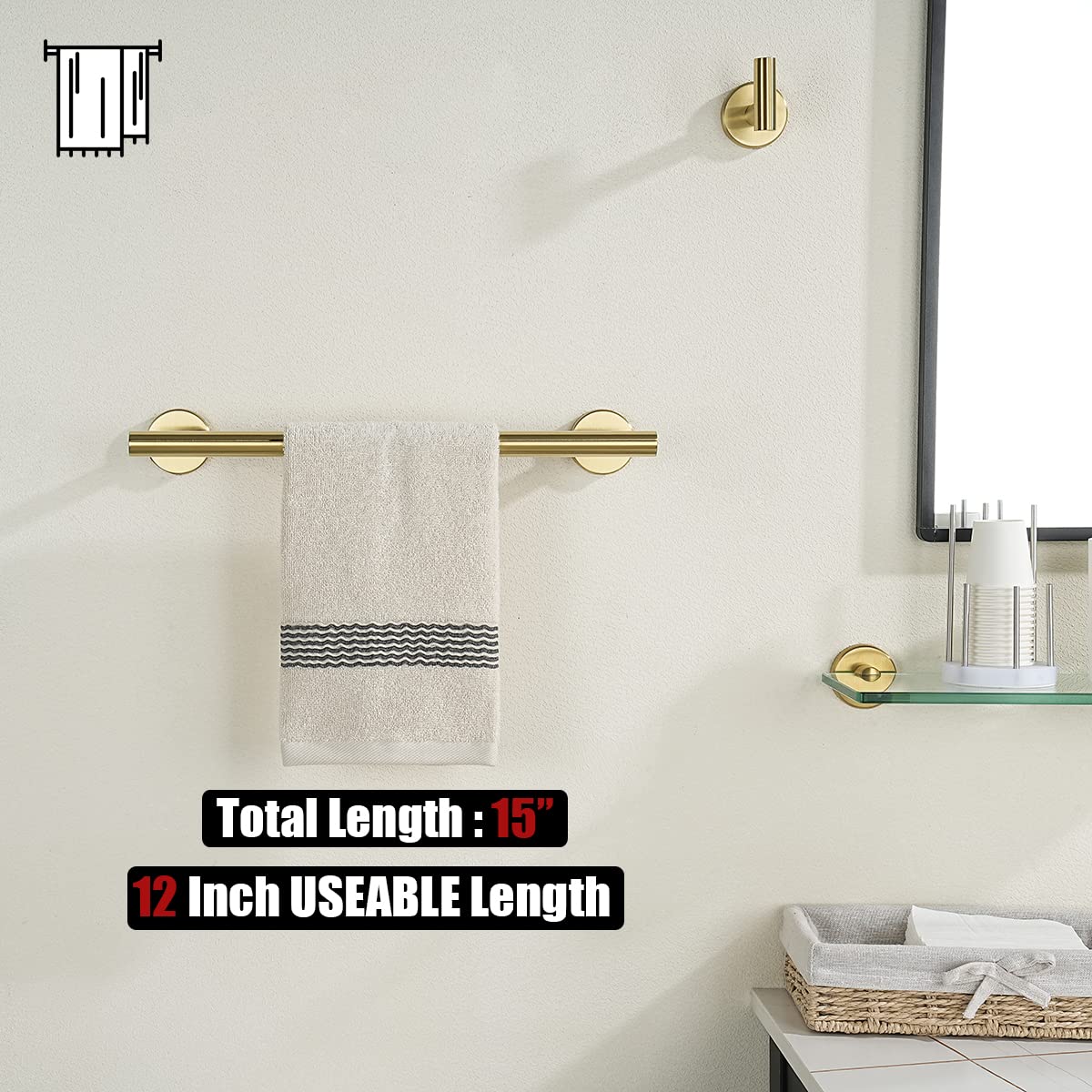 JQK Bathroom Towel Bar, 15 Inch 304 Stainless Steel Thicken 0.8mm Towel Rack, Towel Holder Brushed Gold Wall Mount, Useable Length 12 Inch TB110L12-BG - Image 3