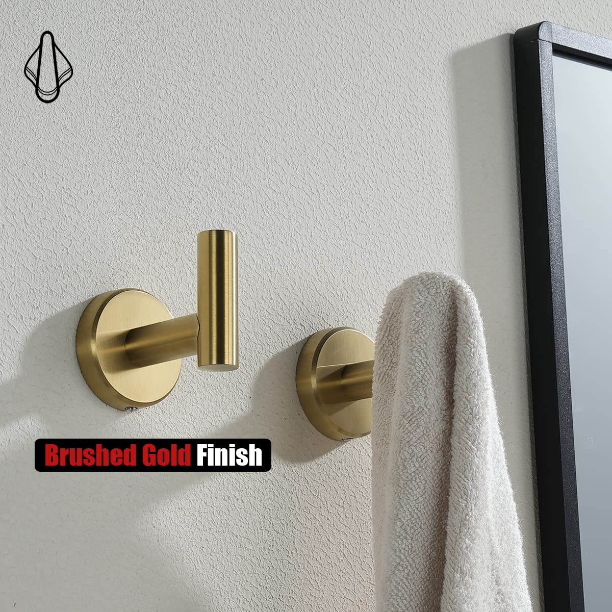 JQK Bathroom Towel Hook Brushed Gold, Brass Coat Robe Clothes Hook for Bathroom Kitchen Garage Wall Mounted (Pack of 2), SUS 304 Stainless Steel 0.8mm, TH100-BG-P2 - Image 6