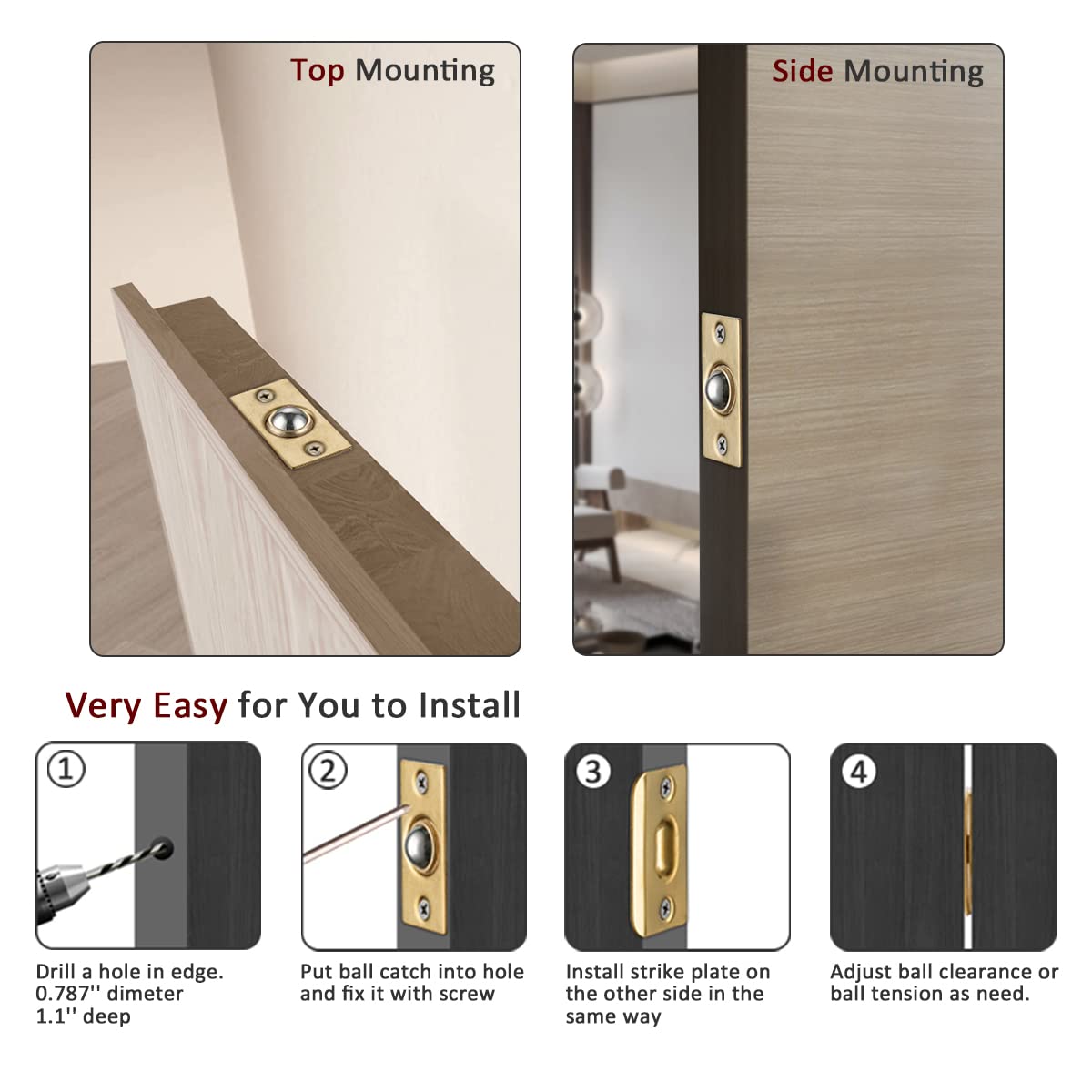 JQK Closet Ball Catch Door Hardware, Stainless Steel Catch Adjustable with Strike Plate, Gold Finish 2 Pack, HBC100-BG-P2 - Image 3