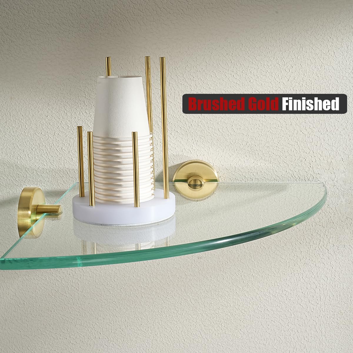 JQK Corner Glass Shelf, Brushed Gold Bathroom 304 Stainless Steel Shower Triangle Floating Wall Shelf, 10 x 10 Tempered Glass, 2 Pack TGS190L10-BG-P2 - Image 4