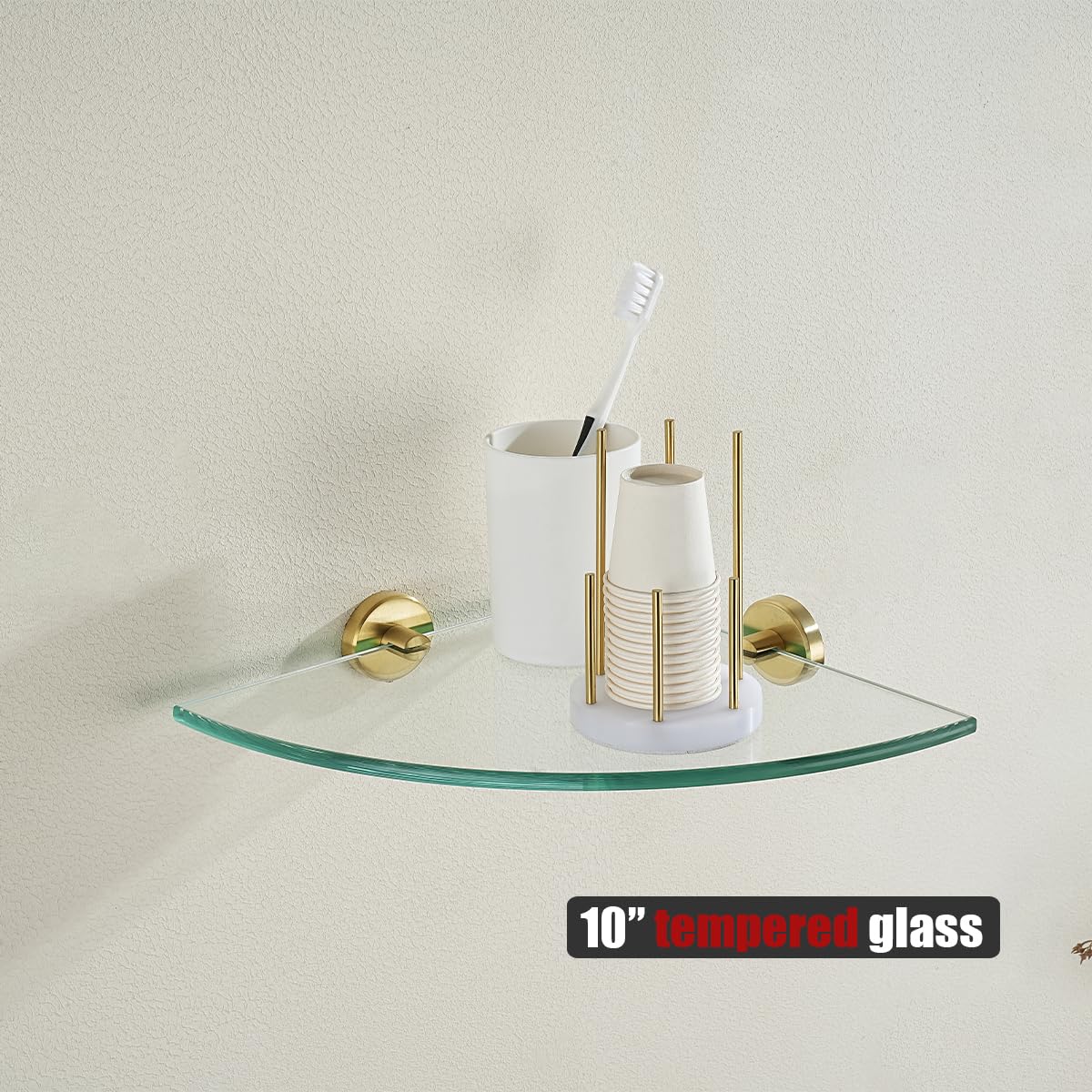JQK Corner Glass Shelf, Brushed Gold Bathroom 304 Stainless Steel Shower Triangle Floating Wall Shelf, 10 x 10 Tempered Glass, 2 Pack TGS190L10-BG-P2 - Image 5