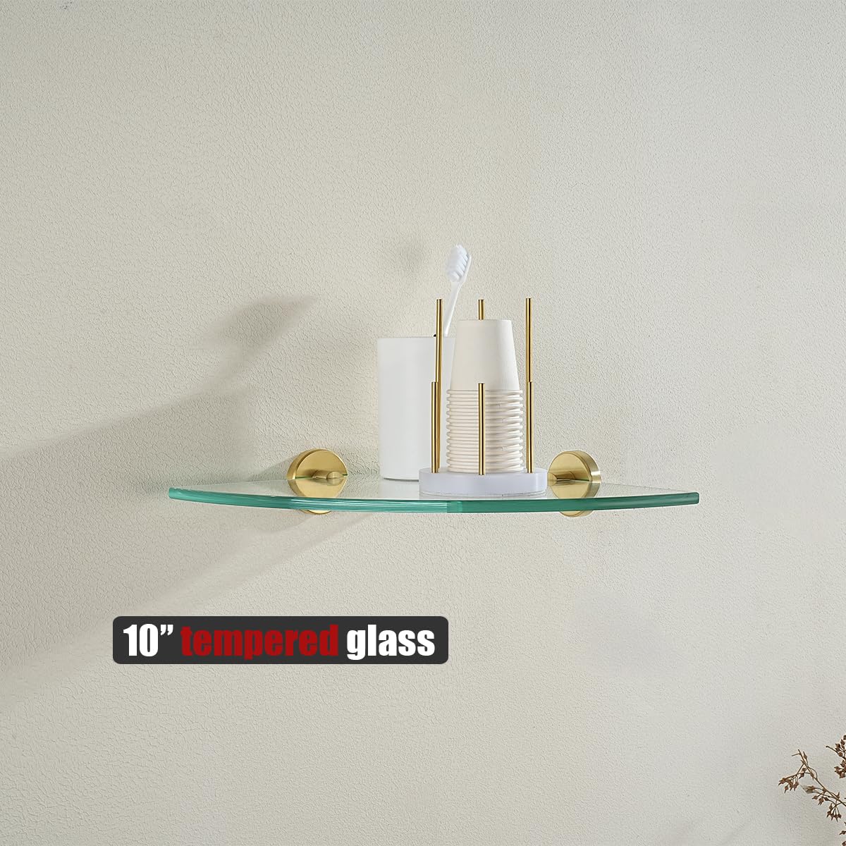 JQK Corner Glass Shelf, Brushed Gold Bathroom 304 Stainless Steel Shower Triangle Floating Wall Shelf, 10 x 10 Tempered Glass, 2 Pack TGS190L10-BG-P2 - Image 6