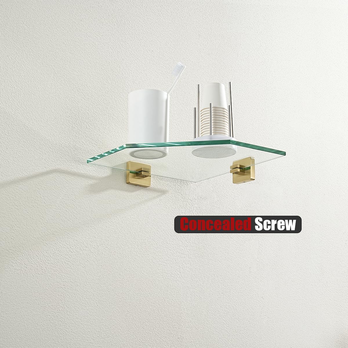 JQK Corner Glass Shelf, Brushed Gold Bathroom 304 Stainless Steel Shower Triangle Floating Wall Shelf, 10 x 10 Tempered Glass, 2 Pack TGS290L10-BG-P2 - Image 3