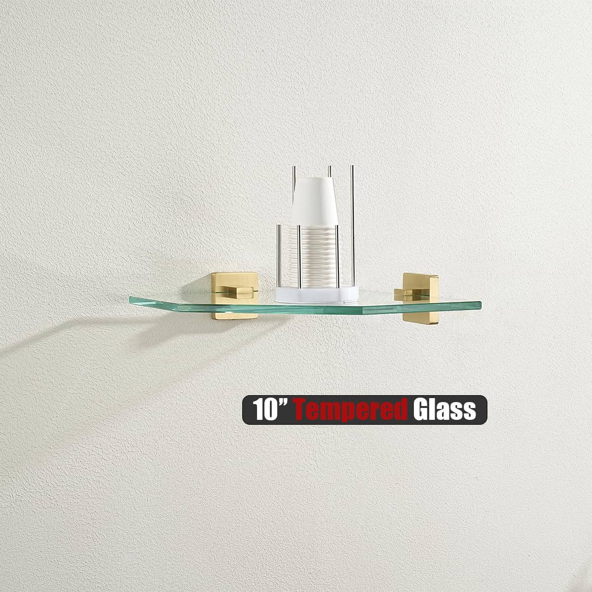 JQK Corner Glass Shelf, Brushed Gold Bathroom 304 Stainless Steel Shower Triangle Floating Wall Shelf, 10 x 10 Tempered Glass, 2 Pack TGS290L10-BG-P2 - Image 5