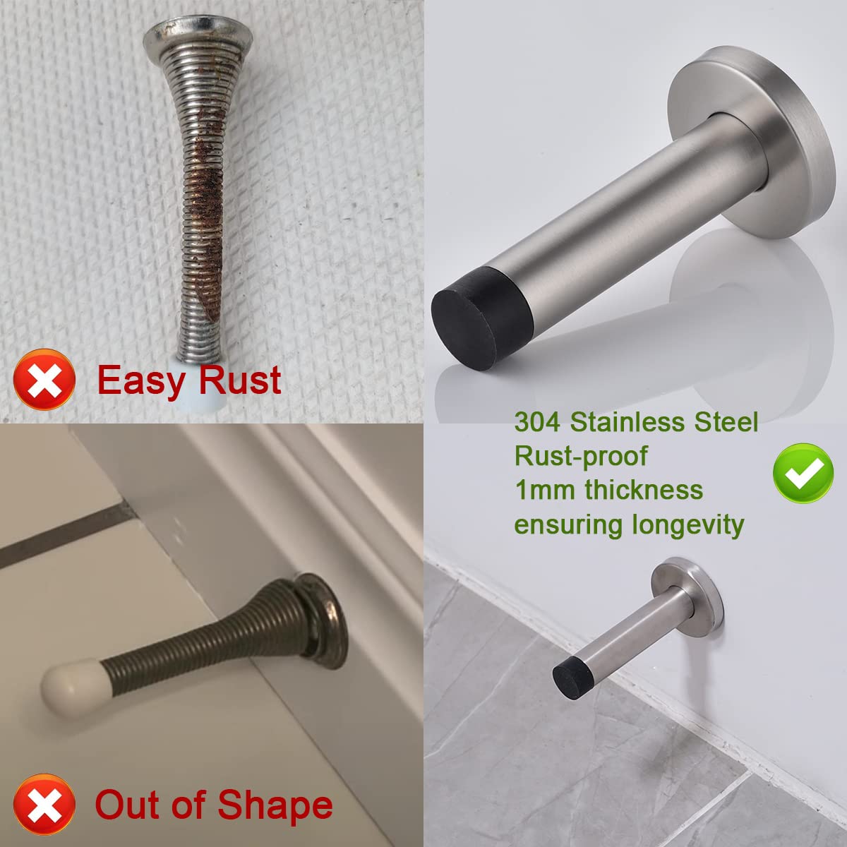 JQK Door Stopper White, 304 Stainless Steel Thicken 1mm Sound Dampening Door Stop Bumper Wall Protetor 2 Pack, DSB5-WH-P2 - Image 9