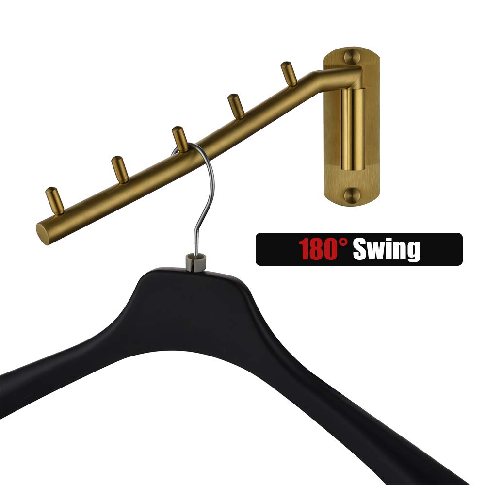 JQK Folding Clothes Hanger Rack, Stainless Steel Swing Arm Hook Holder, Clothing Hanging System Drying Closet Storage Organizer Brushed Gold Wall Mount, SHR100-BG - Image 3