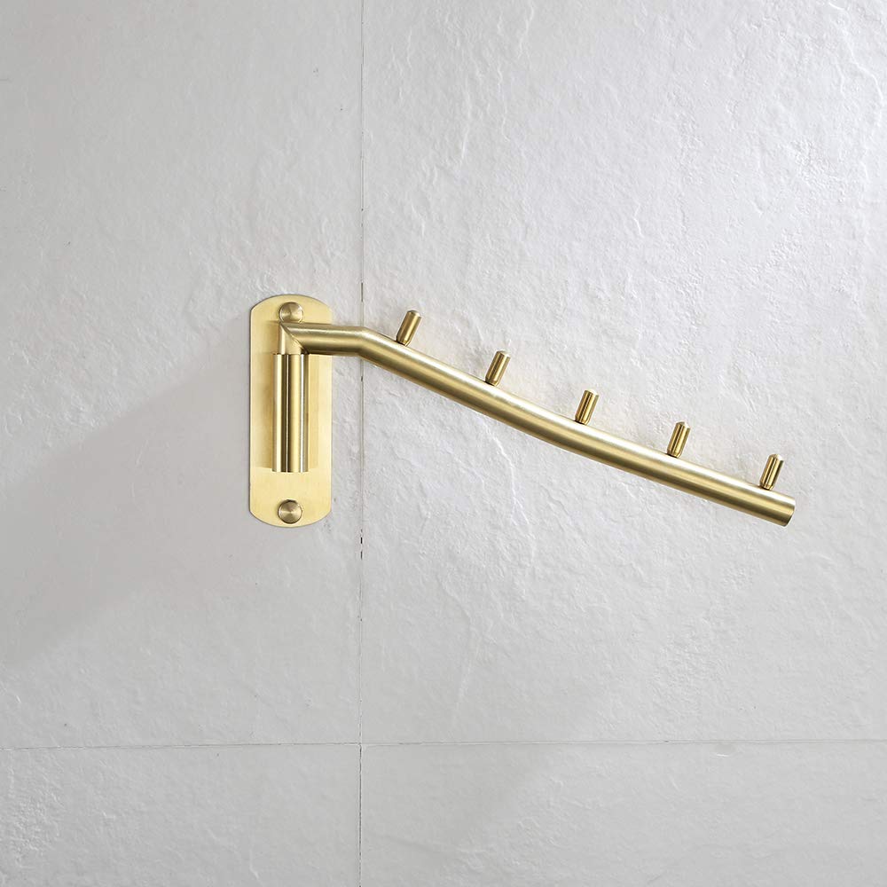 JQK Folding Clothes Hanger Rack, Stainless Steel Swing Arm Hook Holder, Clothing Hanging System Drying Closet Storage Organizer Brushed Gold Wall Mount, SHR100-BG - Image 6