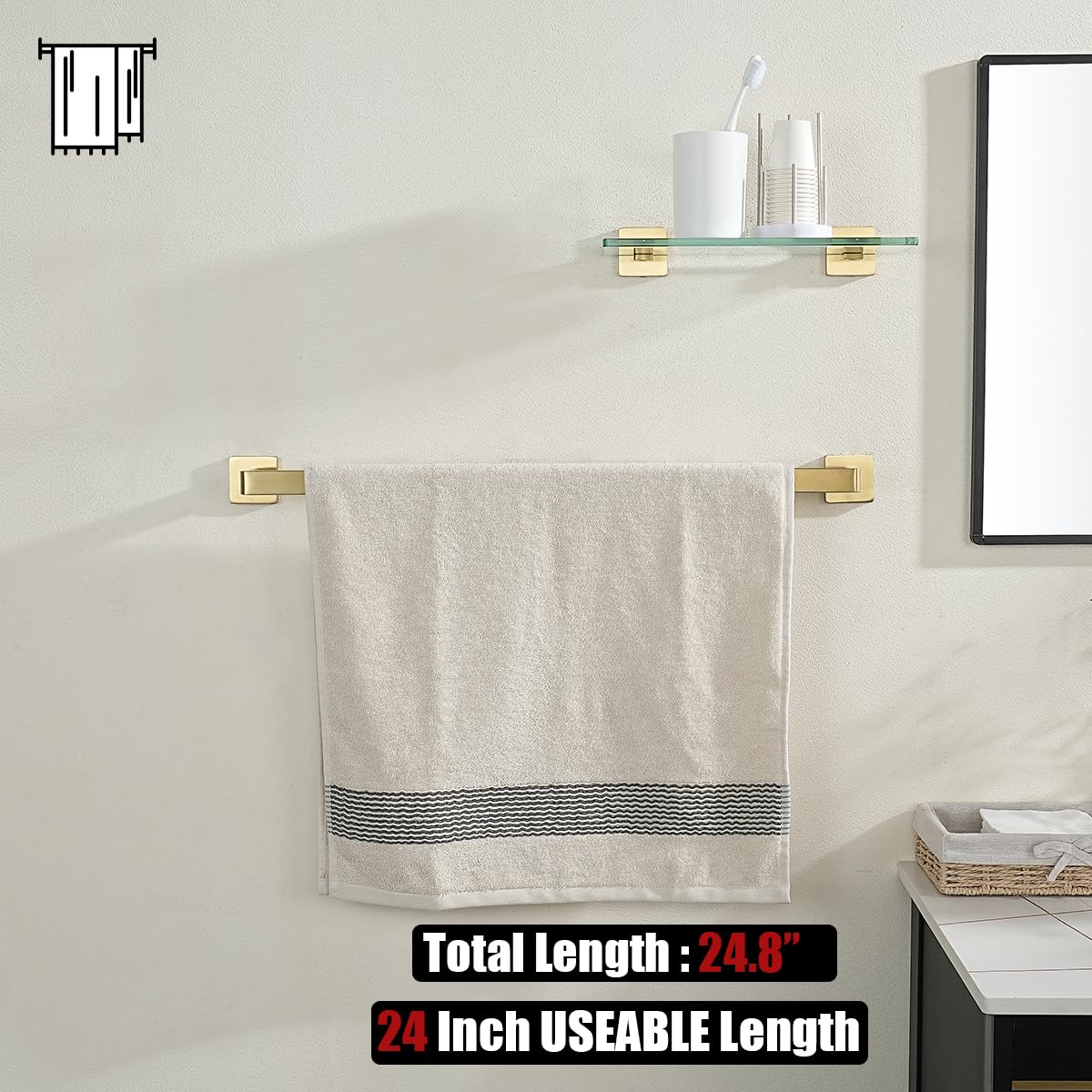 JQK Gold Towel Bar, Rounded Edges 26.41 Inch Towel Rack, 304 Stainless Steel Bathroom Wall Mount, Useable Length 24 Inch, TB250L24-BG - Image 5