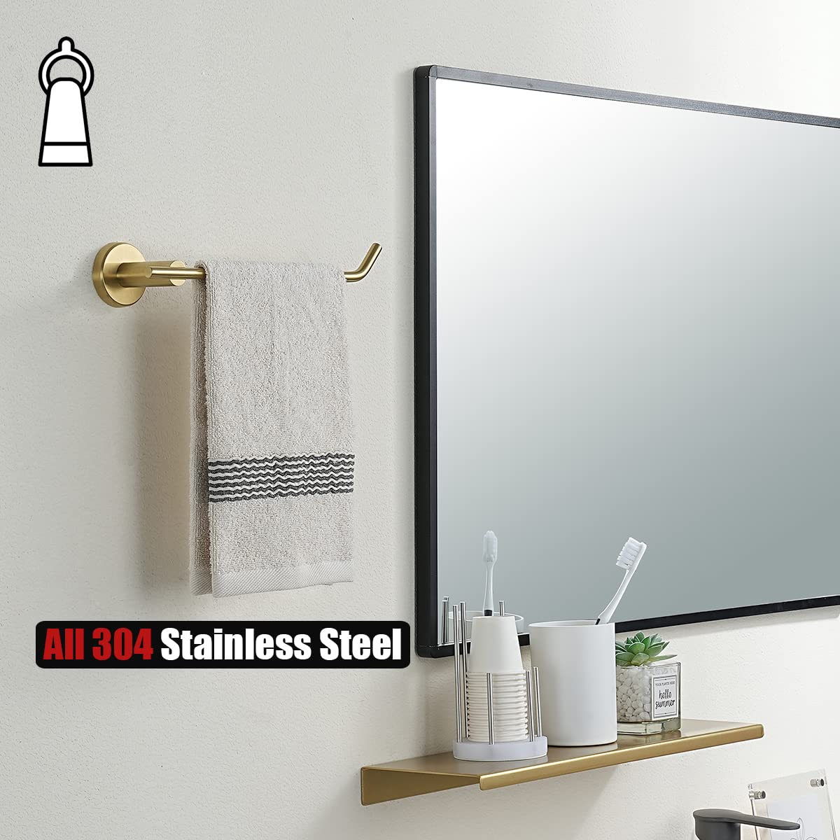 JQK Hand Towel Bar, Brushed Gold Stainless Steel Towel Ring Holder for Bathroom, 9 Inch Wall Mount, TR100-BG - Image 3