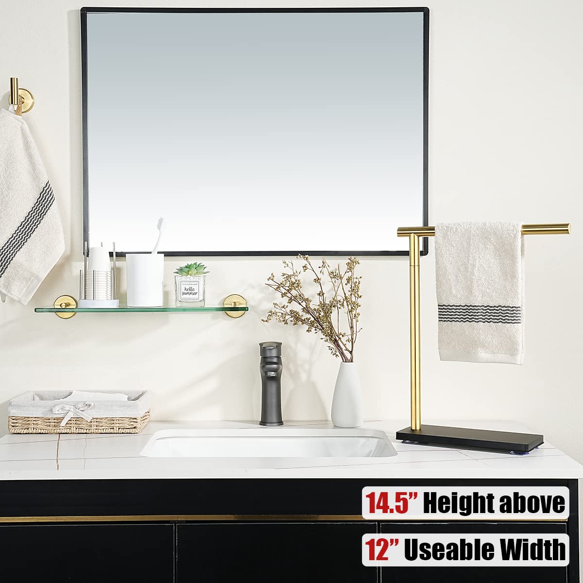 JQK Hand Towel Holder Stand Brushed Gold, Modern Tree Rack Free Standing for Countertop with 12 Inch Bar, 304 Stainless Steel Thicken 0.8mm, HTT170-BG - Image 3