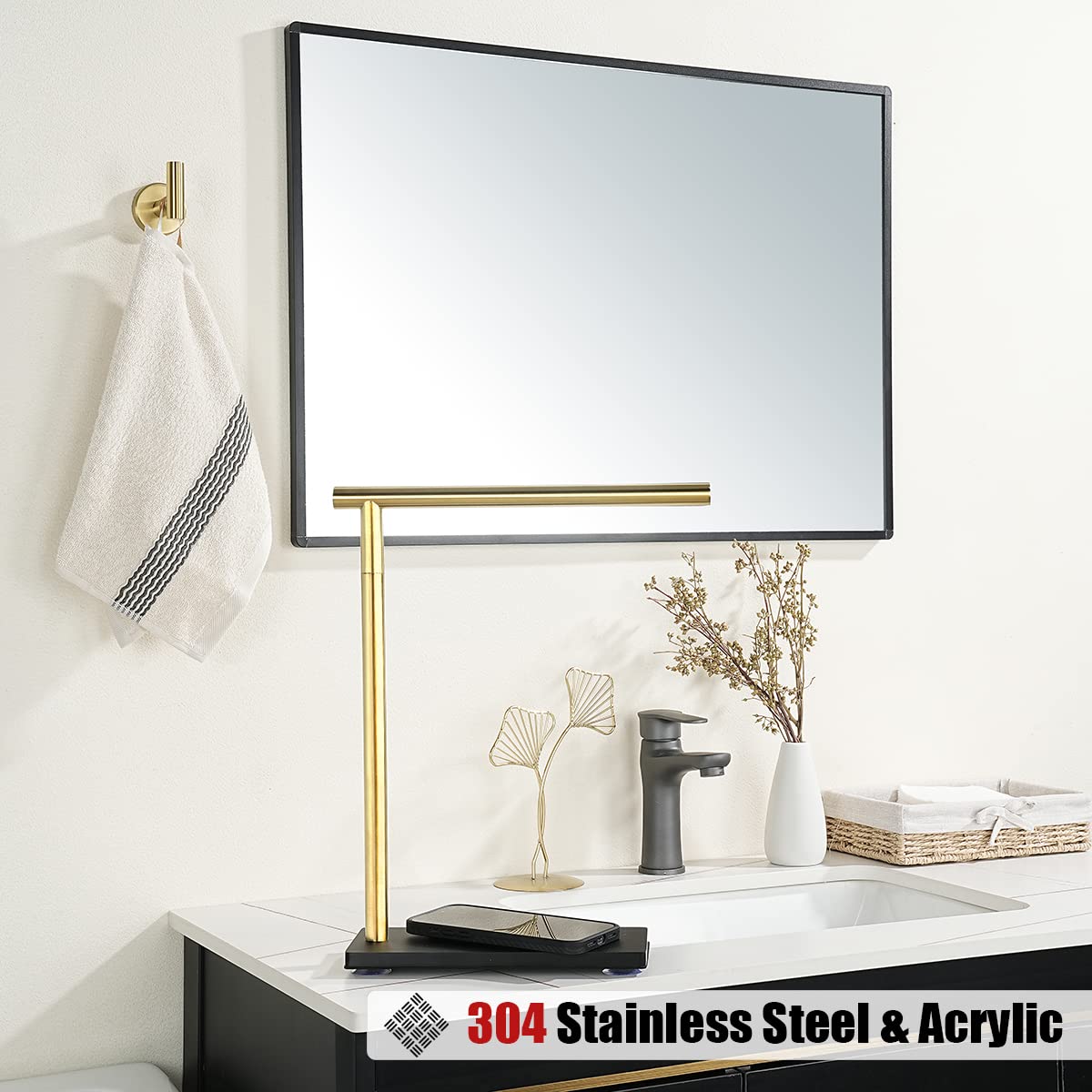 JQK Hand Towel Holder Stand Brushed Gold, Modern Tree Rack Free Standing for Countertop with 12 Inch Bar, 304 Stainless Steel Thicken 0.8mm, HTT170-BG - Image 4