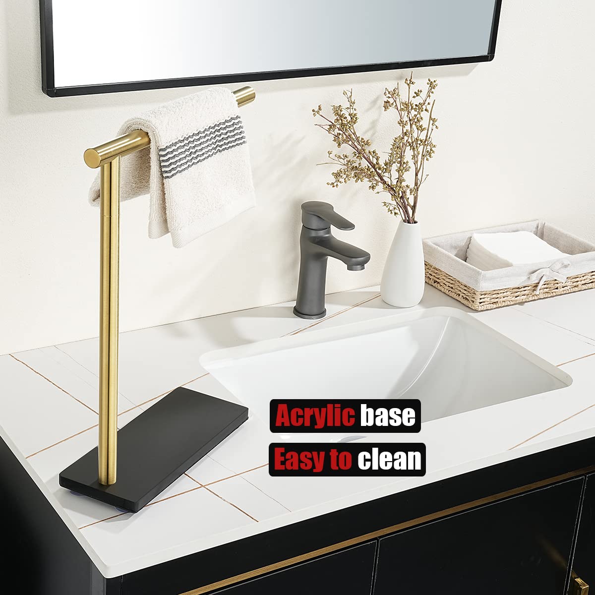 JQK Hand Towel Holder Stand Brushed Gold, Modern Tree Rack Free Standing for Countertop with 12 Inch Bar, 304 Stainless Steel Thicken 0.8mm, HTT170-BG - Image 5