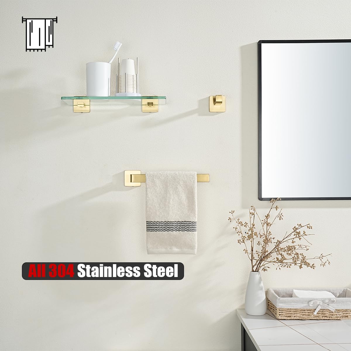 JQK Hand Towel Holder Towel Ring Gold, Thicken 0.8mm 304 Stainless Steel Bathroom Hand Towel Bar, 9 Inch Wall Mount Towel Rack Hanger, Brushed Gold, THH250L9-BG - Image 4