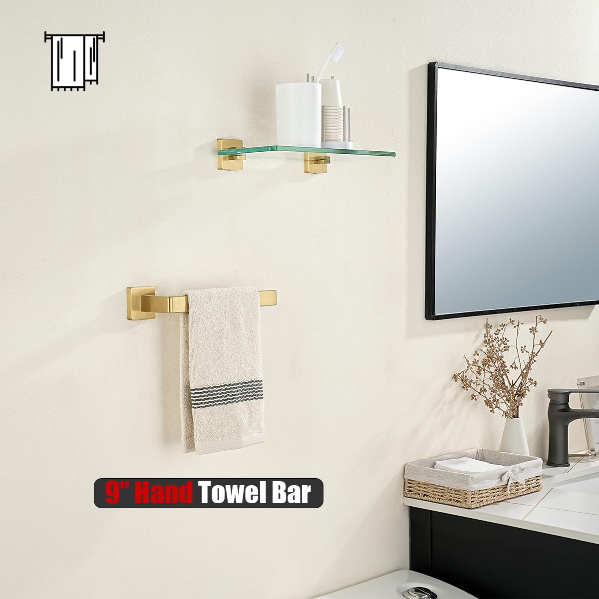 JQK Hand Towel Holder Towel Ring Gold, Thicken 0.8mm 304 Stainless Steel Bathroom Hand Towel Bar, 9 Inch Wall Mount Towel Rack Hanger, Brushed Gold, THH250L9-BG - Image 5