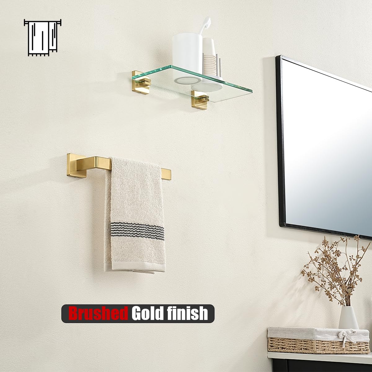 JQK Hand Towel Holder Towel Ring Gold, Thicken 0.8mm 304 Stainless Steel Bathroom Hand Towel Bar, 9 Inch Wall Mount Towel Rack Hanger, Brushed Gold, THH250L9-BG - Image 6