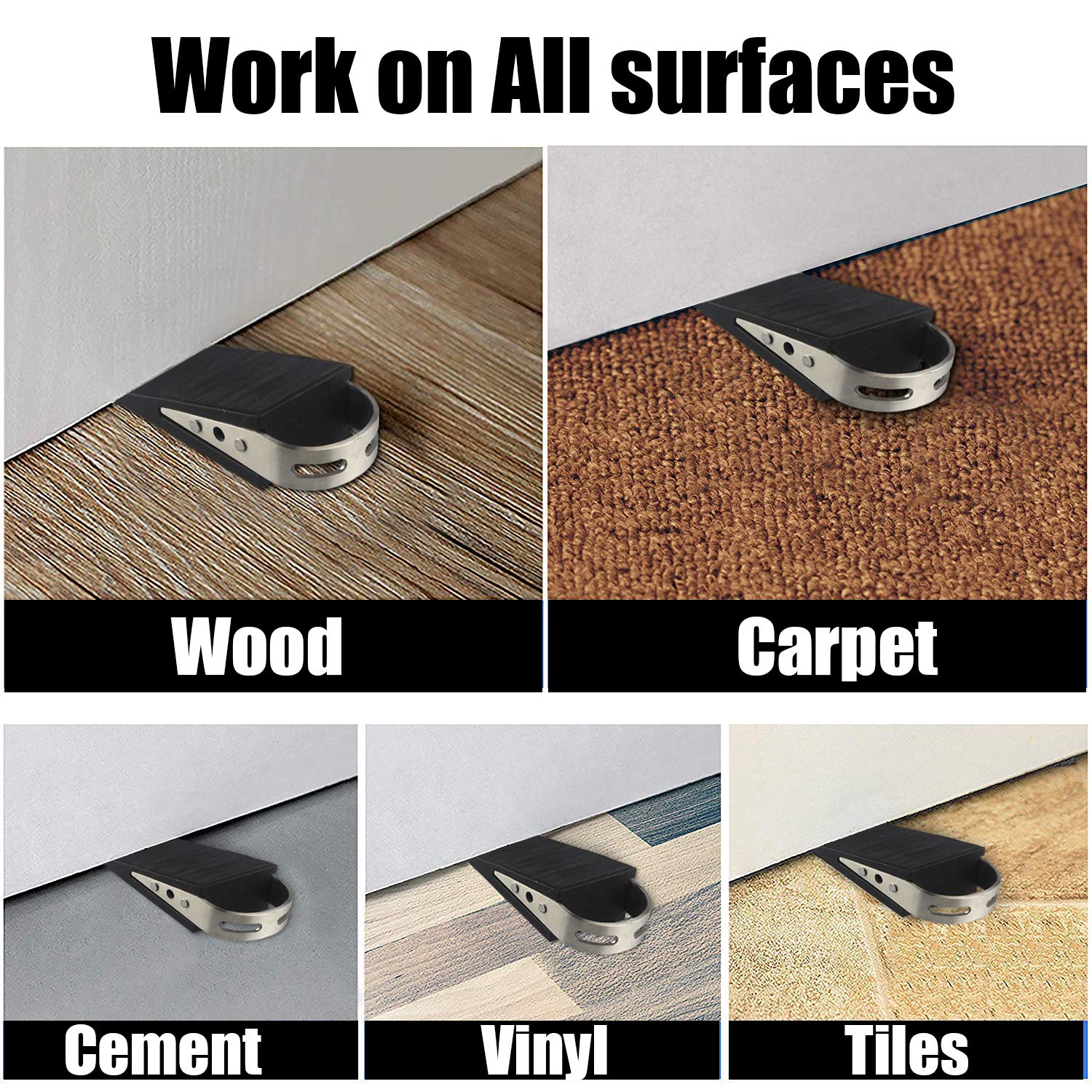 JQK Heavy Duty Door Stopper Rubber Wedge, 304 Stainless Steel Security Door Stops Works On All Floor Types, Brushed(4 Pack), DSB6-BN-P4 - Image 3