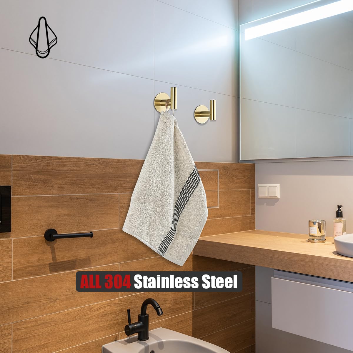 JQK Self Adhesive Towel Hook Gold, No Drill Stick on Coat Robe Clothes Wall Hook for Bathroom Kitchen Garage 2 Pack, 304 Stainless Steel Brushed Gold, ATH110-BG-P2 - Image 5