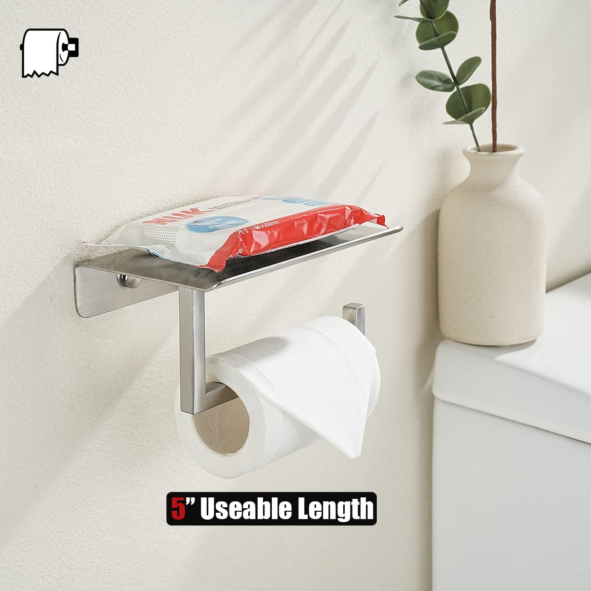 JQK Toilet Paper Holder Shelf, Bathroom Tissue Roll Holder with Phone Shelf, 5 Inch 304 Stainless Steel Tissue Paper Dispenser, Brushed Finished Wall Mount, TPH202-BN-T - Image 3