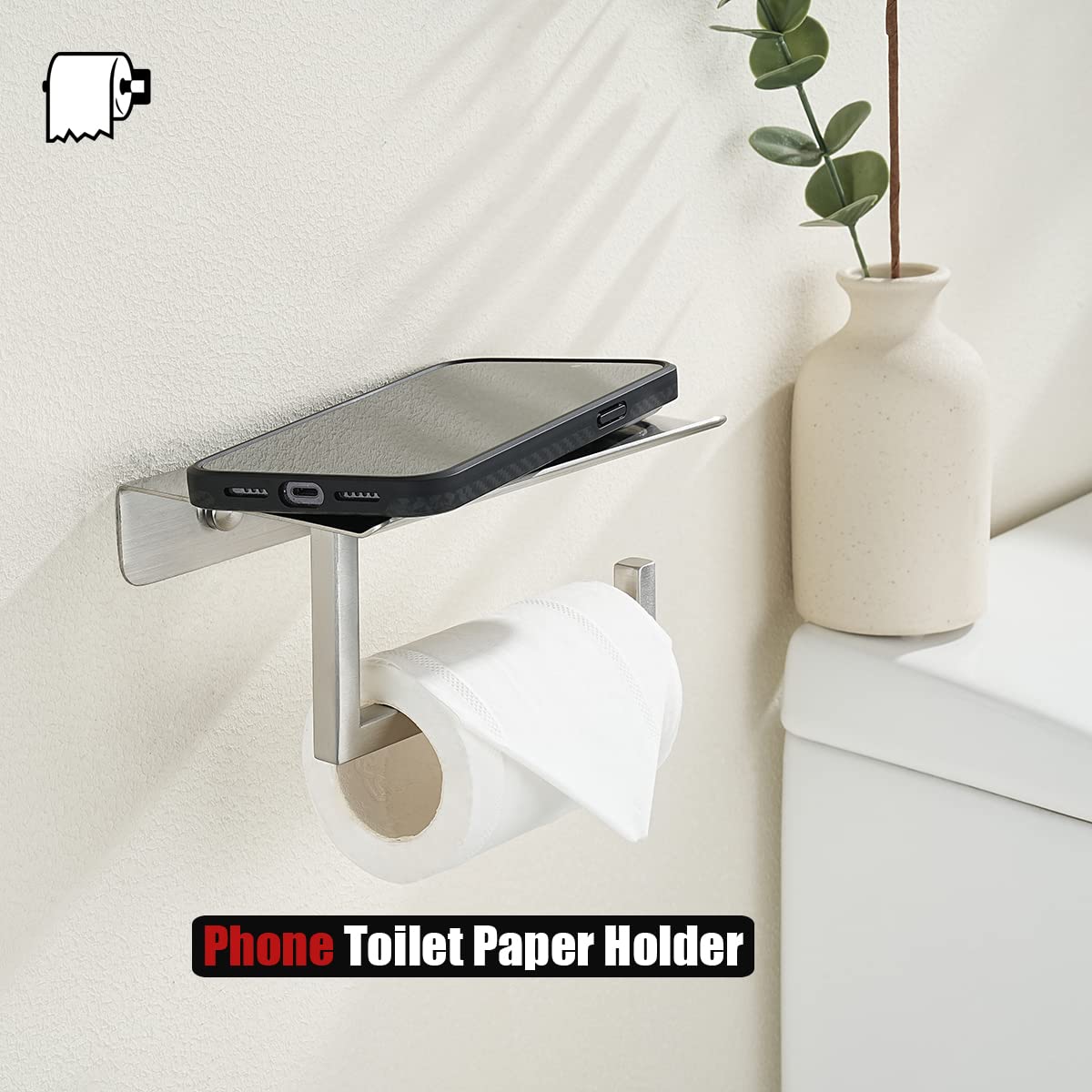 JQK Toilet Paper Holder Shelf, Bathroom Tissue Roll Holder with Phone Shelf, 5 Inch 304 Stainless Steel Tissue Paper Dispenser, Brushed Finished Wall Mount, TPH202-BN-T - Image 5
