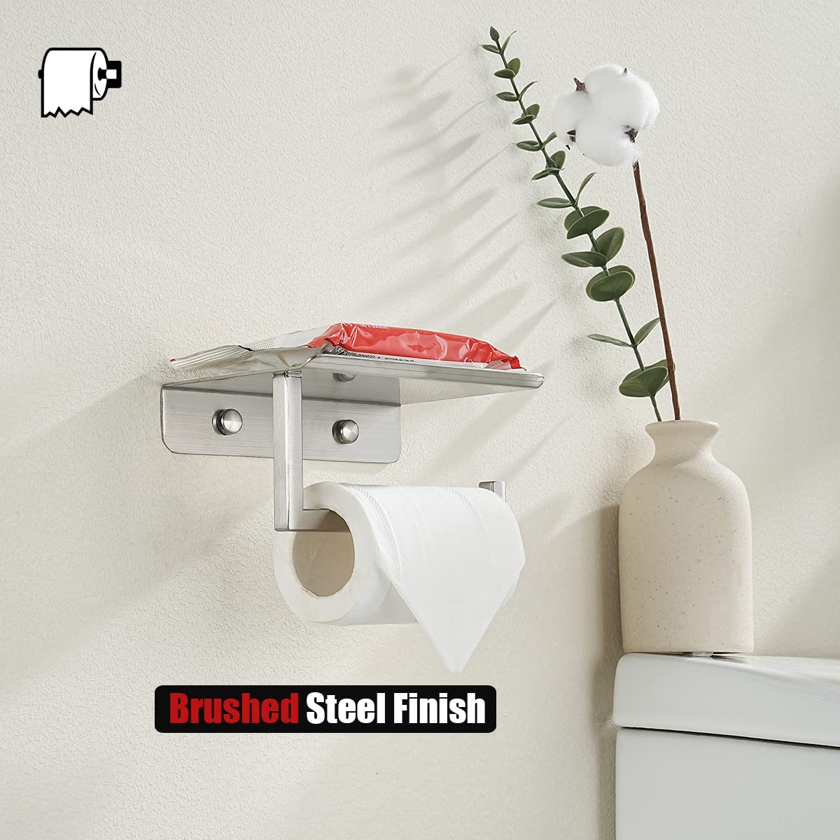 JQK Toilet Paper Holder Shelf, Bathroom Tissue Roll Holder with Phone Shelf, 5 Inch 304 Stainless Steel Tissue Paper Dispenser, Brushed Finished Wall Mount, TPH202-BN-T - Image 6