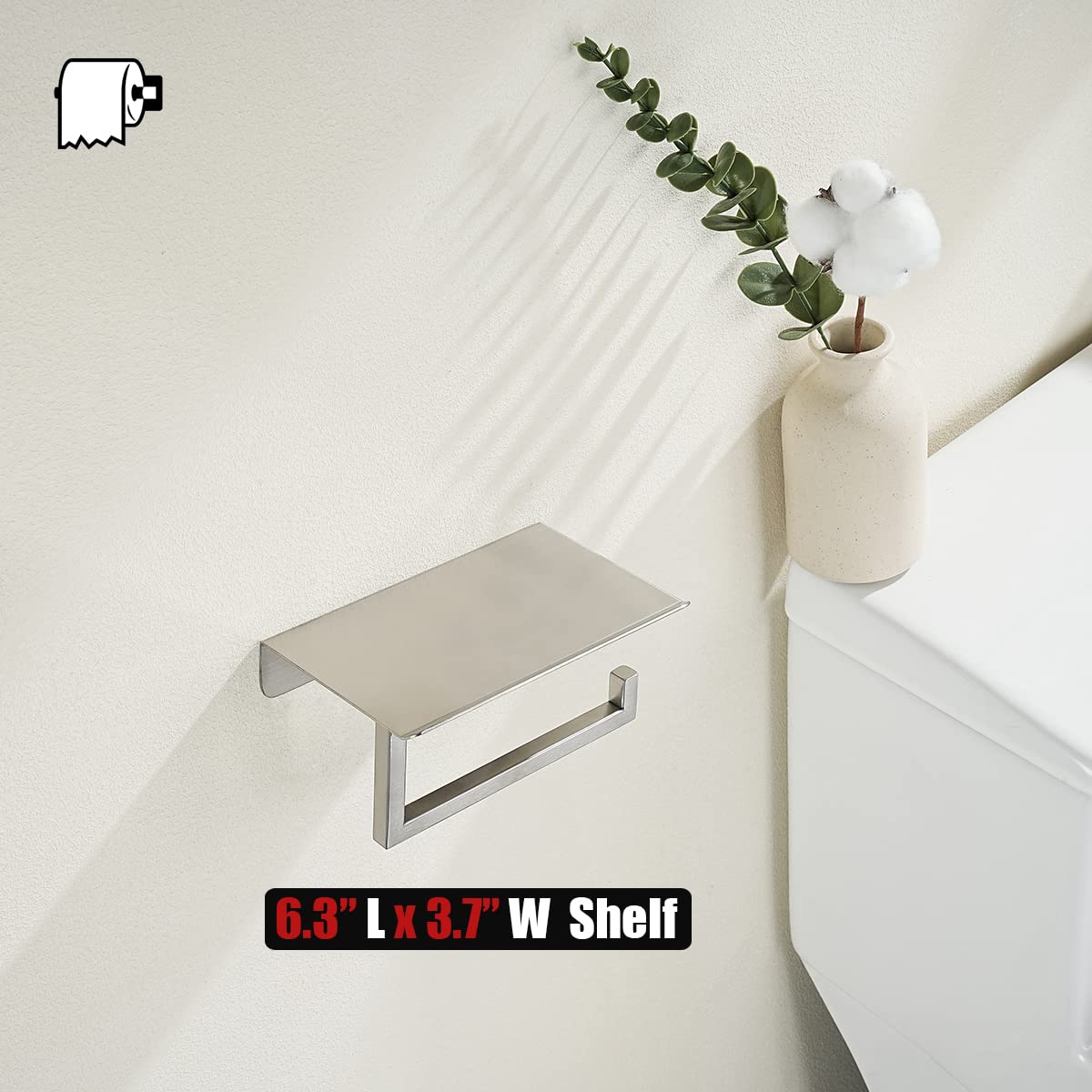 JQK Toilet Paper Holder Shelf, Bathroom Tissue Roll Holder with Phone Shelf, 5 Inch 304 Stainless Steel Tissue Paper Dispenser, Brushed Finished Wall Mount, TPH202-BN-T - Image 7
