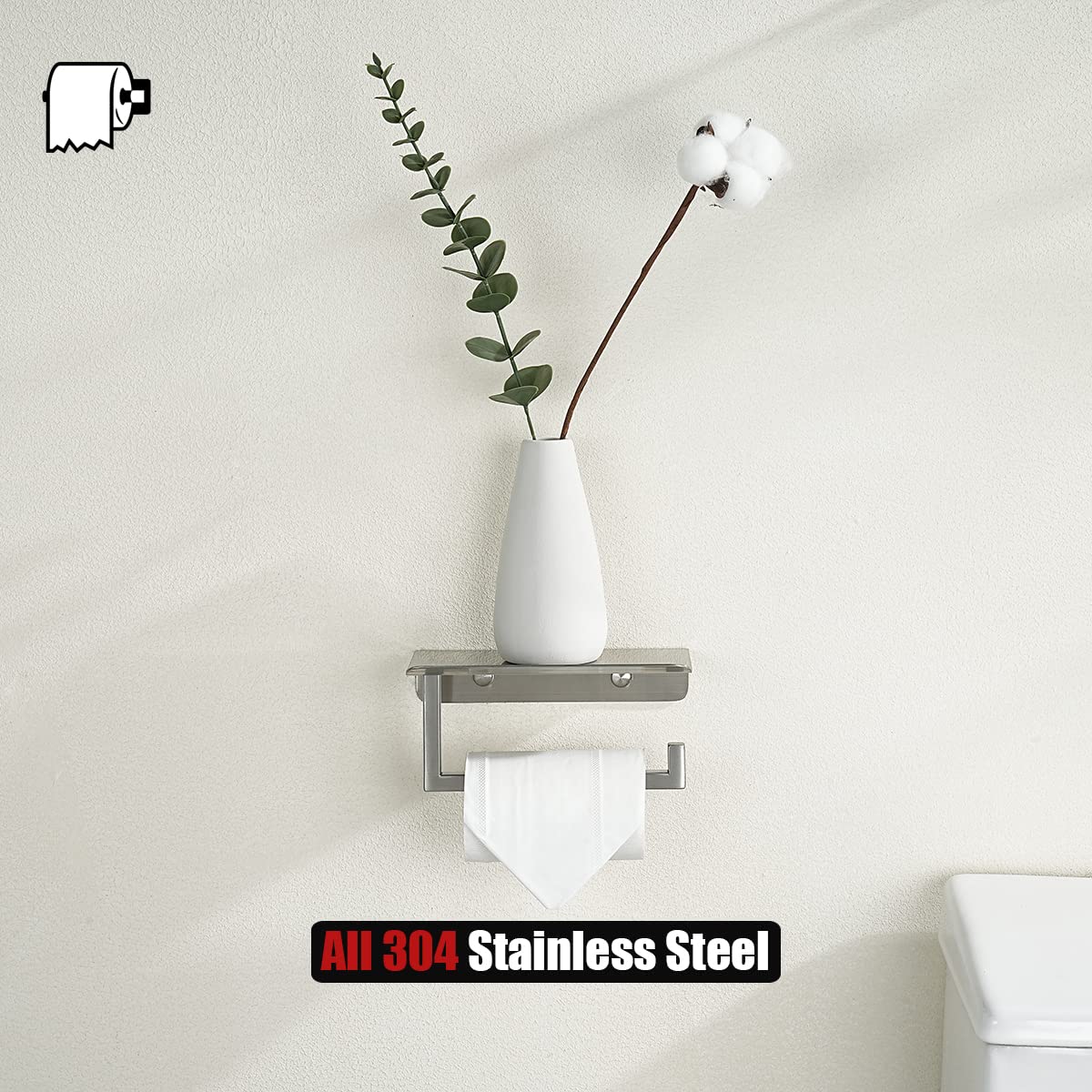 JQK Toilet Paper Holder Shelf, Bathroom Tissue Roll Holder with Phone Shelf, 5 Inch 304 Stainless Steel Tissue Paper Dispenser, Brushed Finished Wall Mount, TPH202-BN-T - Image 8