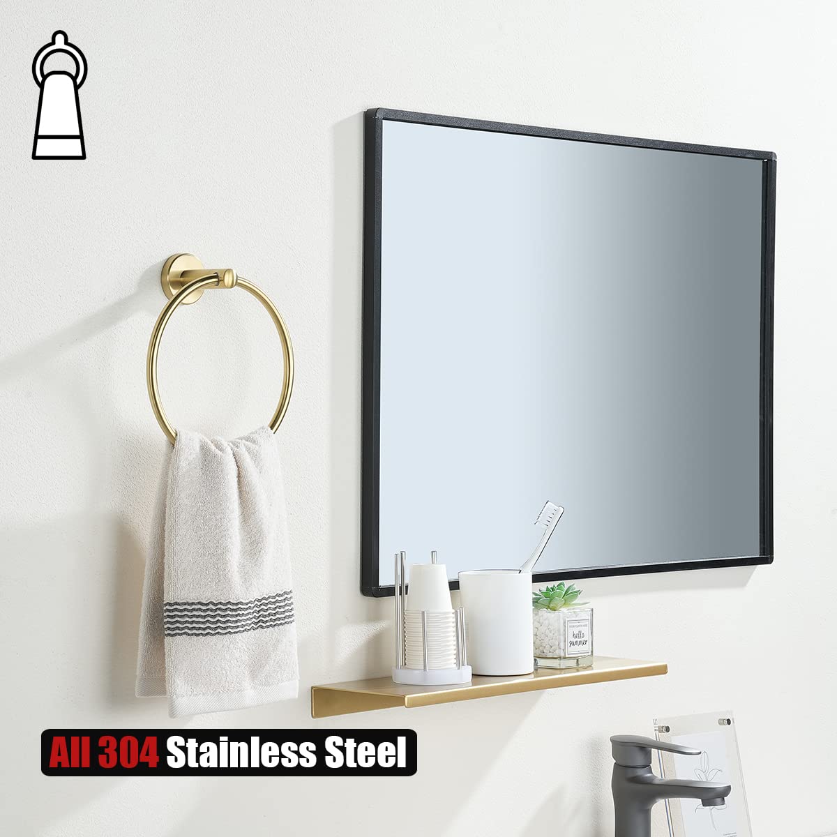 JQK Towel Ring Brass Gold, 304 Stainless Steel Hand Towel Holder for Bathroom, Brushed Gold Wall Mount, TR130-BG - Image 3