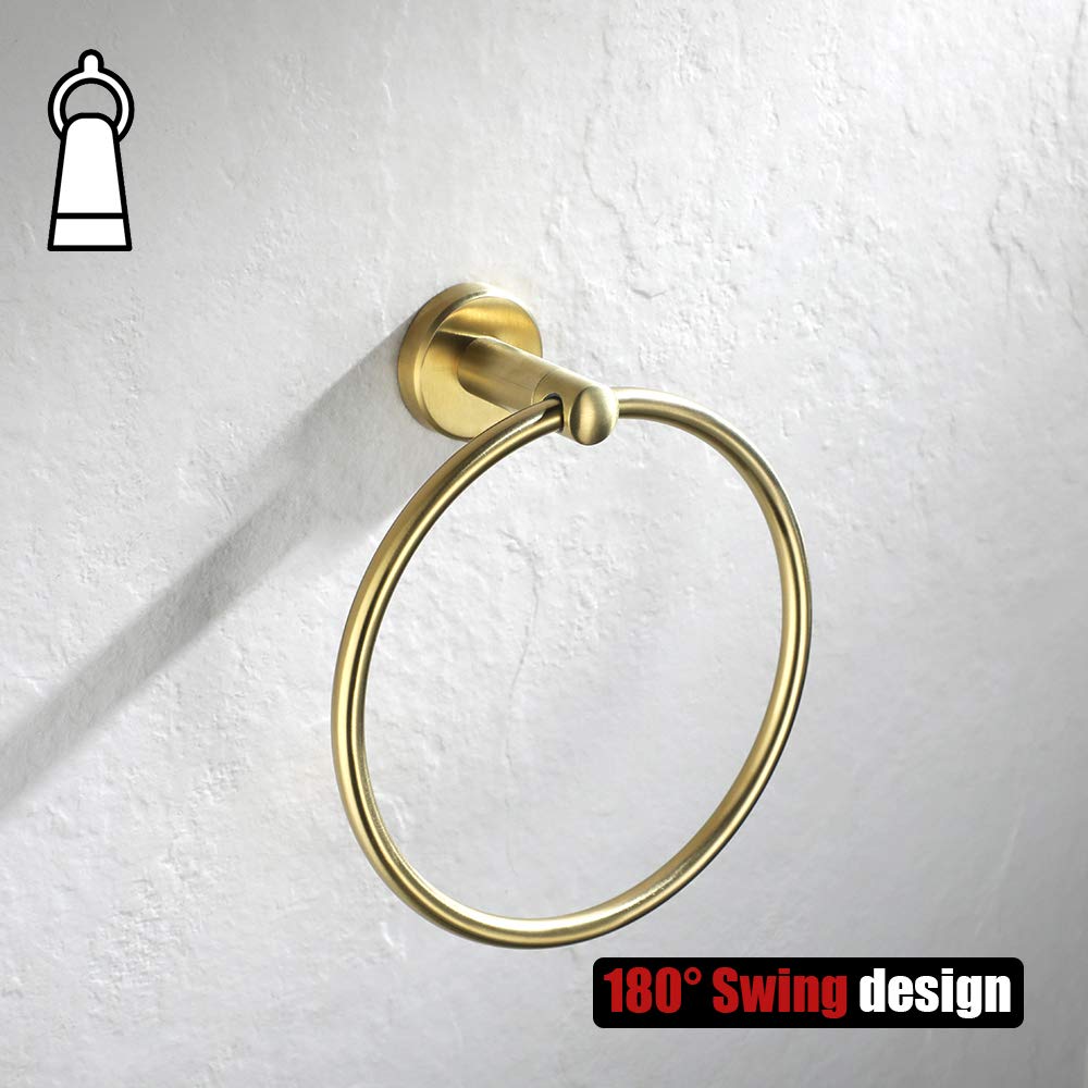 JQK Towel Ring Brass Gold, 304 Stainless Steel Hand Towel Holder for Bathroom, Brushed Gold Wall Mount, TR130-BG - Image 7