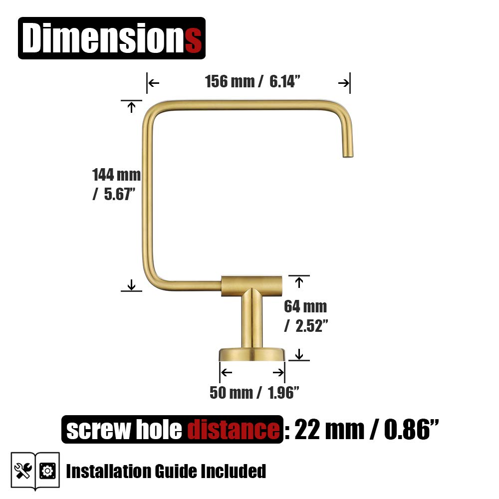 JQK Towel Ring Brushed Gold, Stainless Steel Square Ring Towel Holder for Bathroom, 6 Inch Brushed Gold Wall Mount, TR140-BG - Image 2