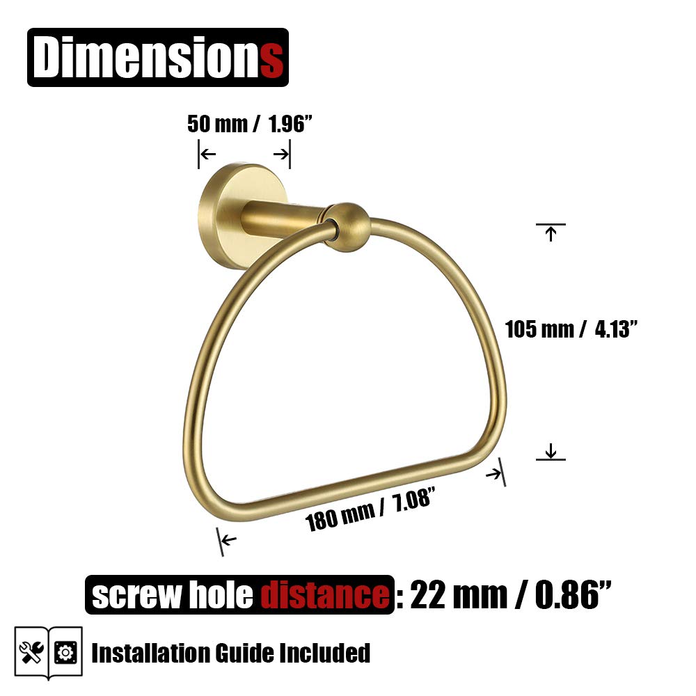 JQK Towel Ring Light Gold, Stainless Steel Half Ring Towel Holder for Bathroom, 7 Inch Brushed Golden Wall Mount, TR160-BG - Image 2
